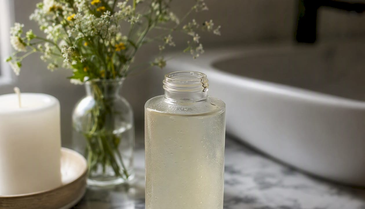 Detalle de una botella de champú ligera vista de cerca