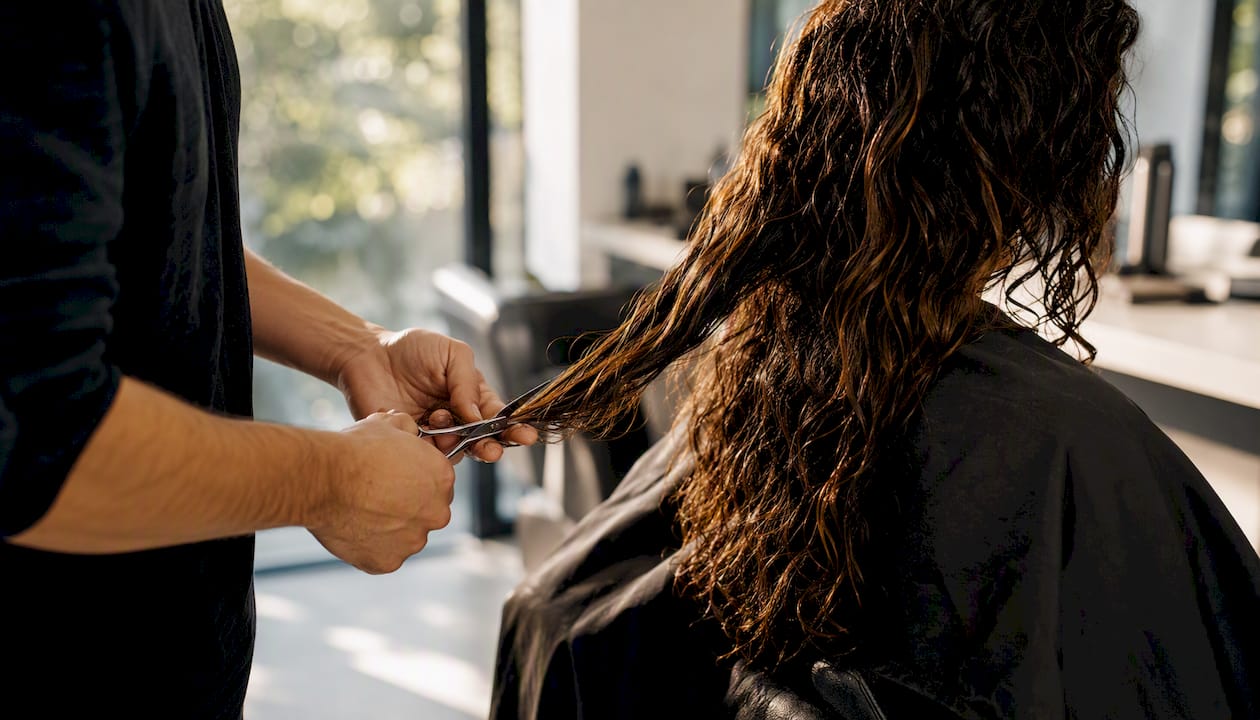 Peluquero cortando las puntas abiertas del cabello