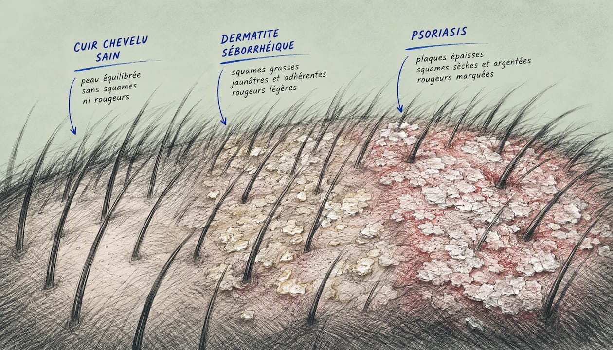 Vue rapprochée d’un cuir chevelu présentant des pellicules et des signes de psoriasis