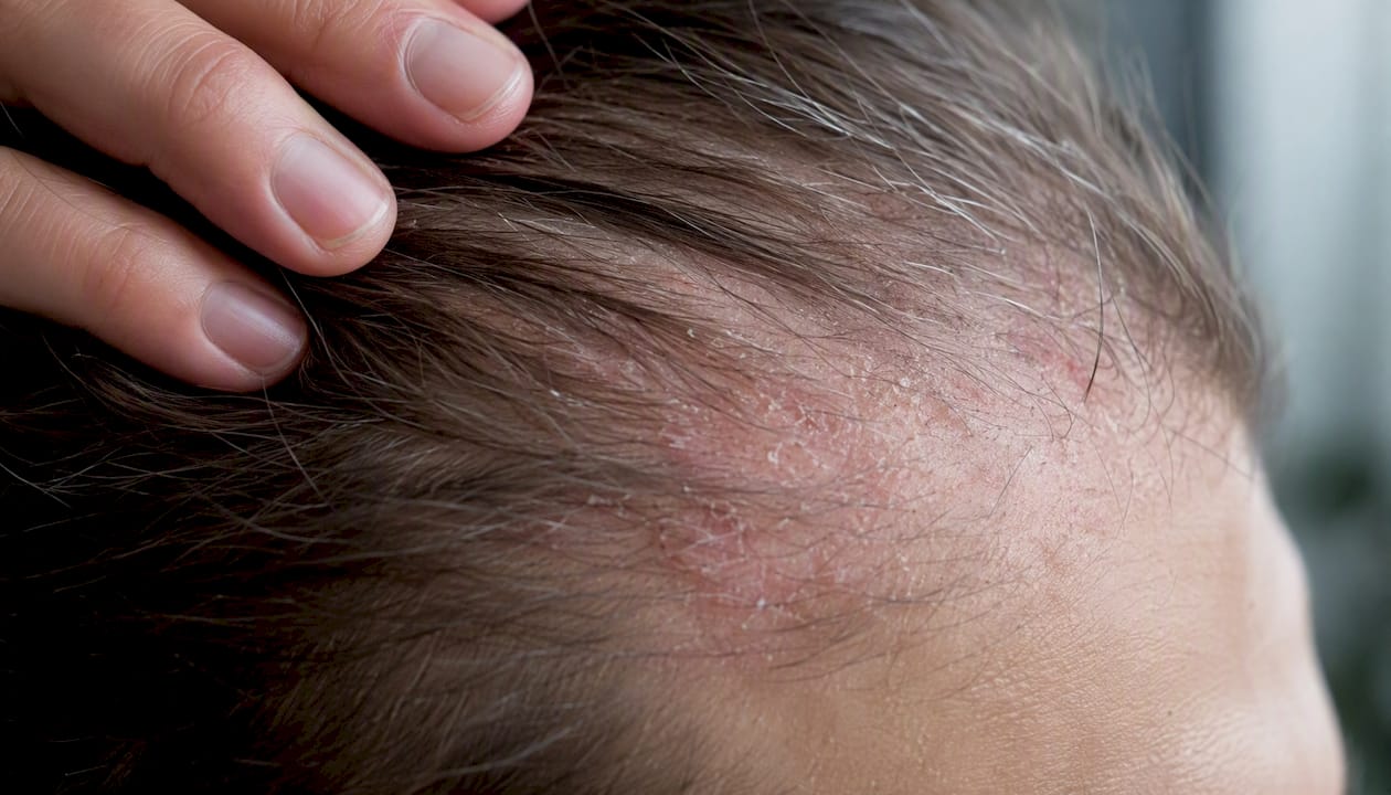 Nahaufnahme einer entzündeten Kopfhaut und Haarfollikel