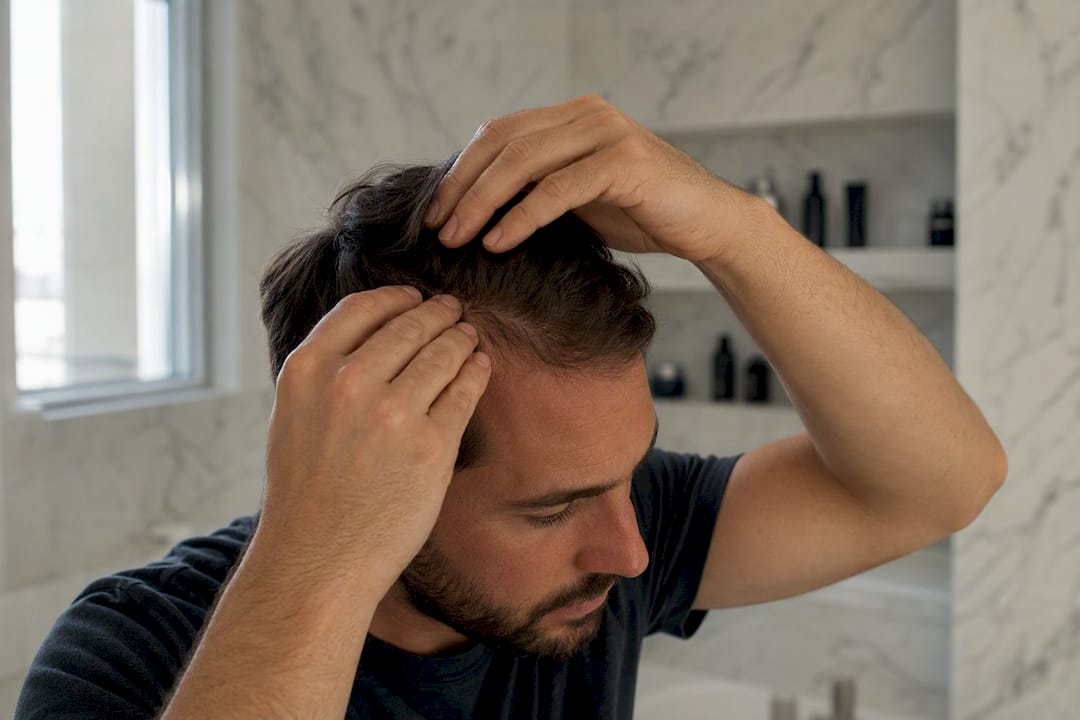 Manos aplicando solución de minoxidil en el cuero cabelludo
