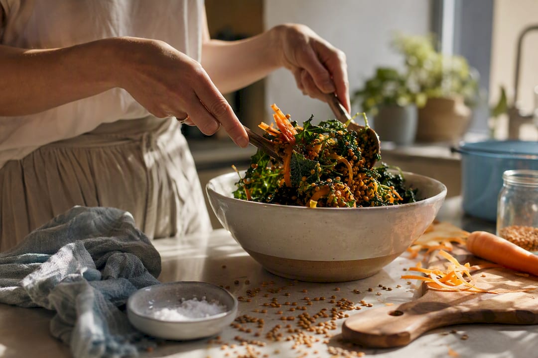 Hands squeezing lemon onto iron-rich salad bowl