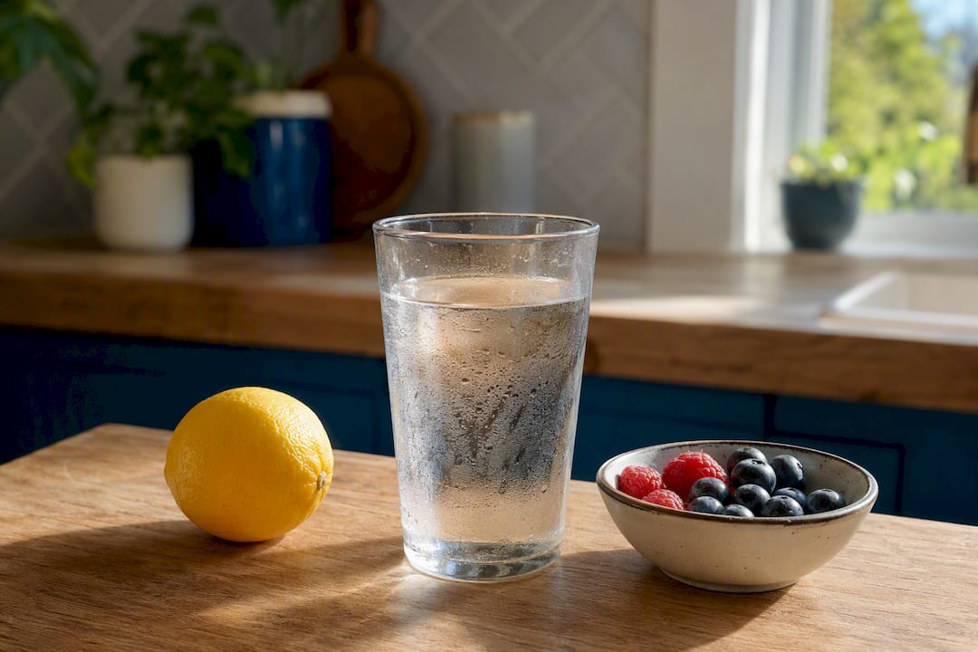 Glass of water with cucumber slice on kitchen counter