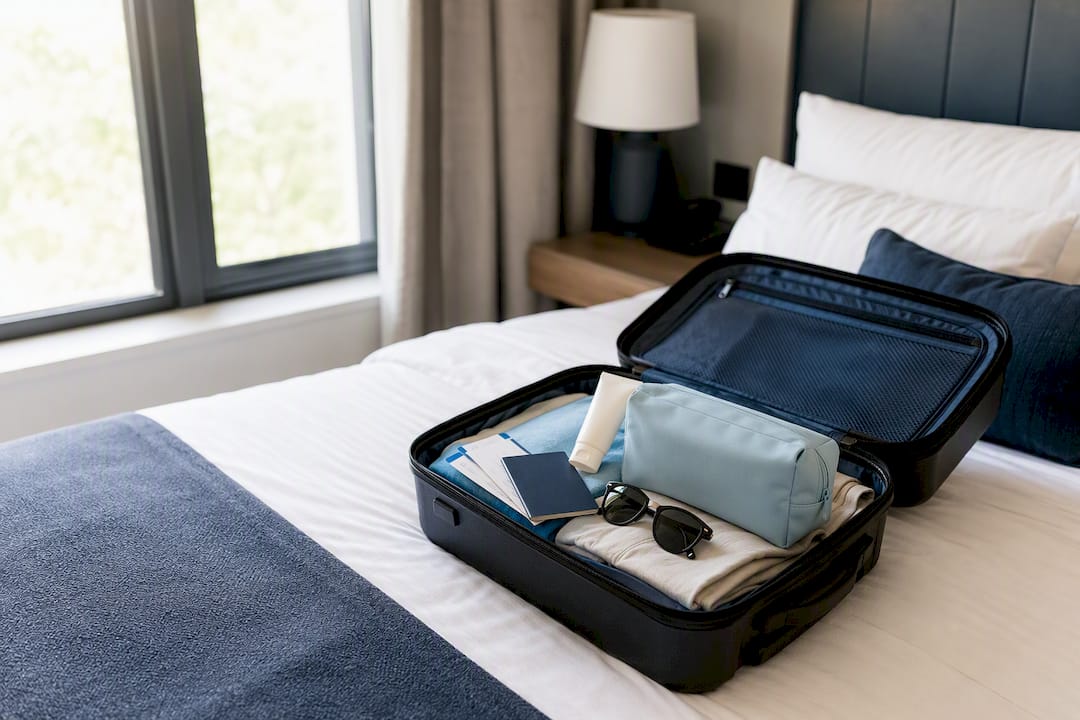 Reisetasche mit wichtigen Utensilien für den Medizintourismus