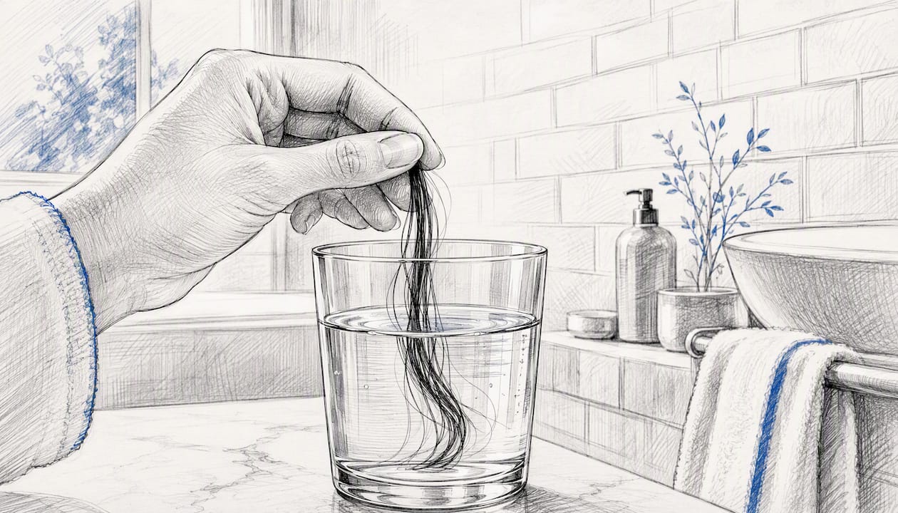 Main testant la porosité des cheveux avec un verre d'eau