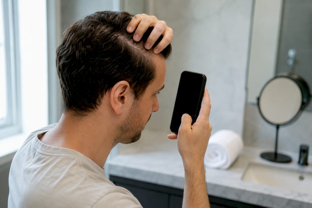 Persona tomando una foto del cuero cabelludo con el móvil