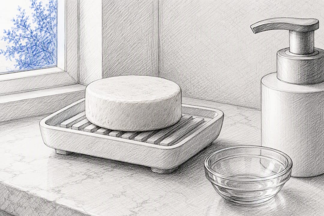 Savon solide qui sèche sur un porte-savon drainant