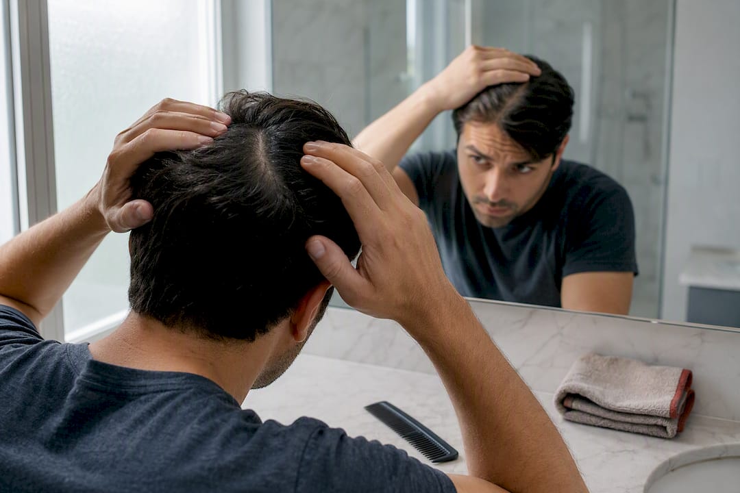 Person checking scalp part in mirror