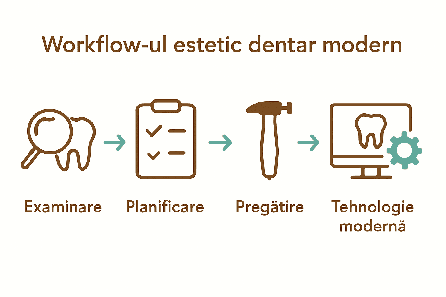 Infografic cu pași workflow estetică dentară modernă