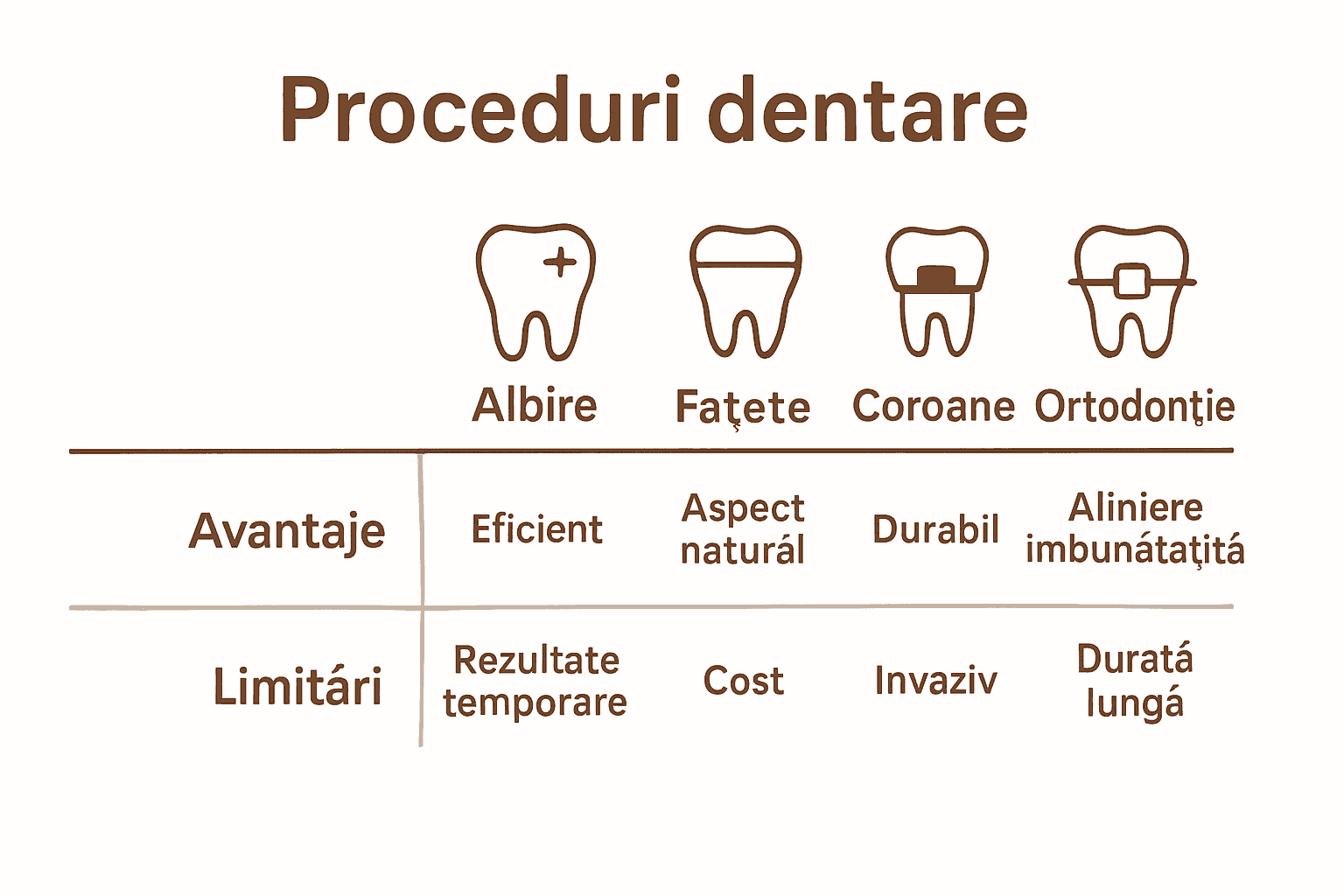 Infografic despre comparația procedurilor de estetică dentară