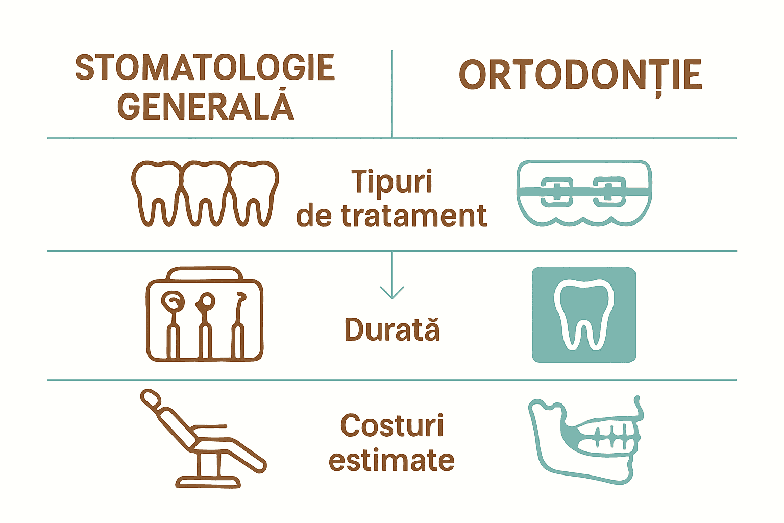Infografic comparativ între ortodonție și stomatologie generală
