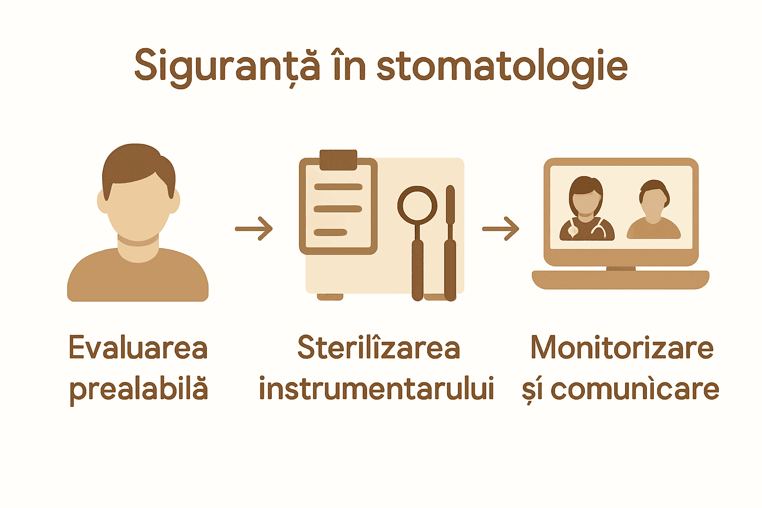 Infografic cu pași pentru siguranța procedurilor stomatologice moderne.