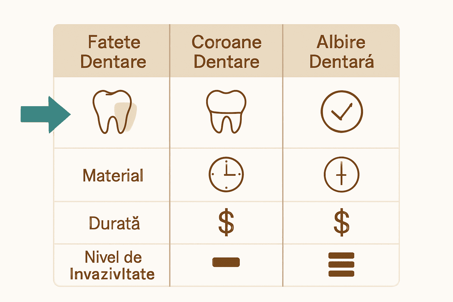 Infografic comparație fațete dentare, coroane și albire