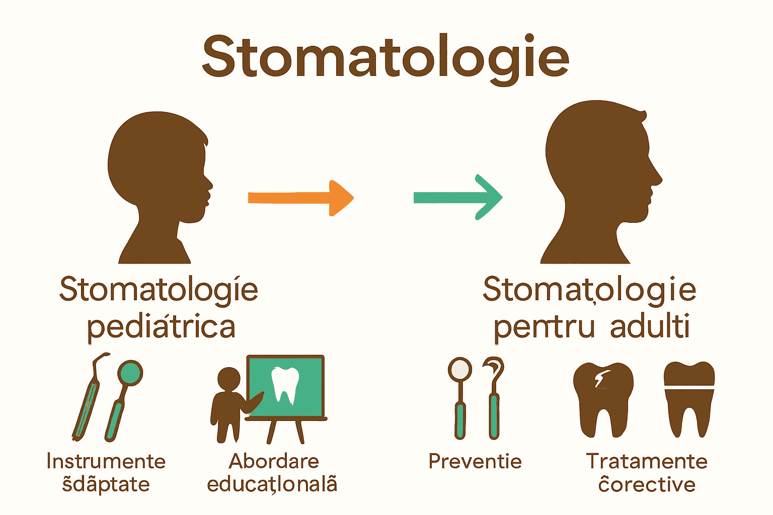 Infografic diferențe stomatologie pediatrică-adulți