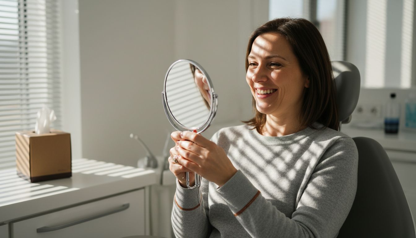 Patient checking natural look of implants