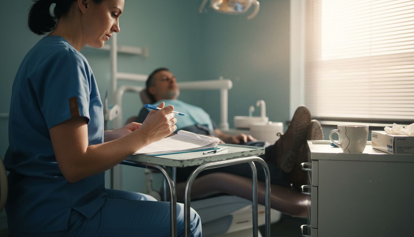 Patient and dental assistant review medical history