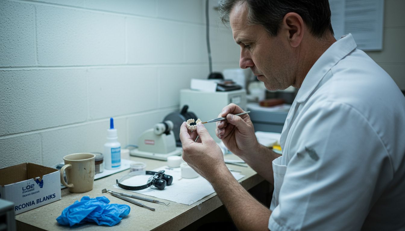 Technician examining dental bridge in lab