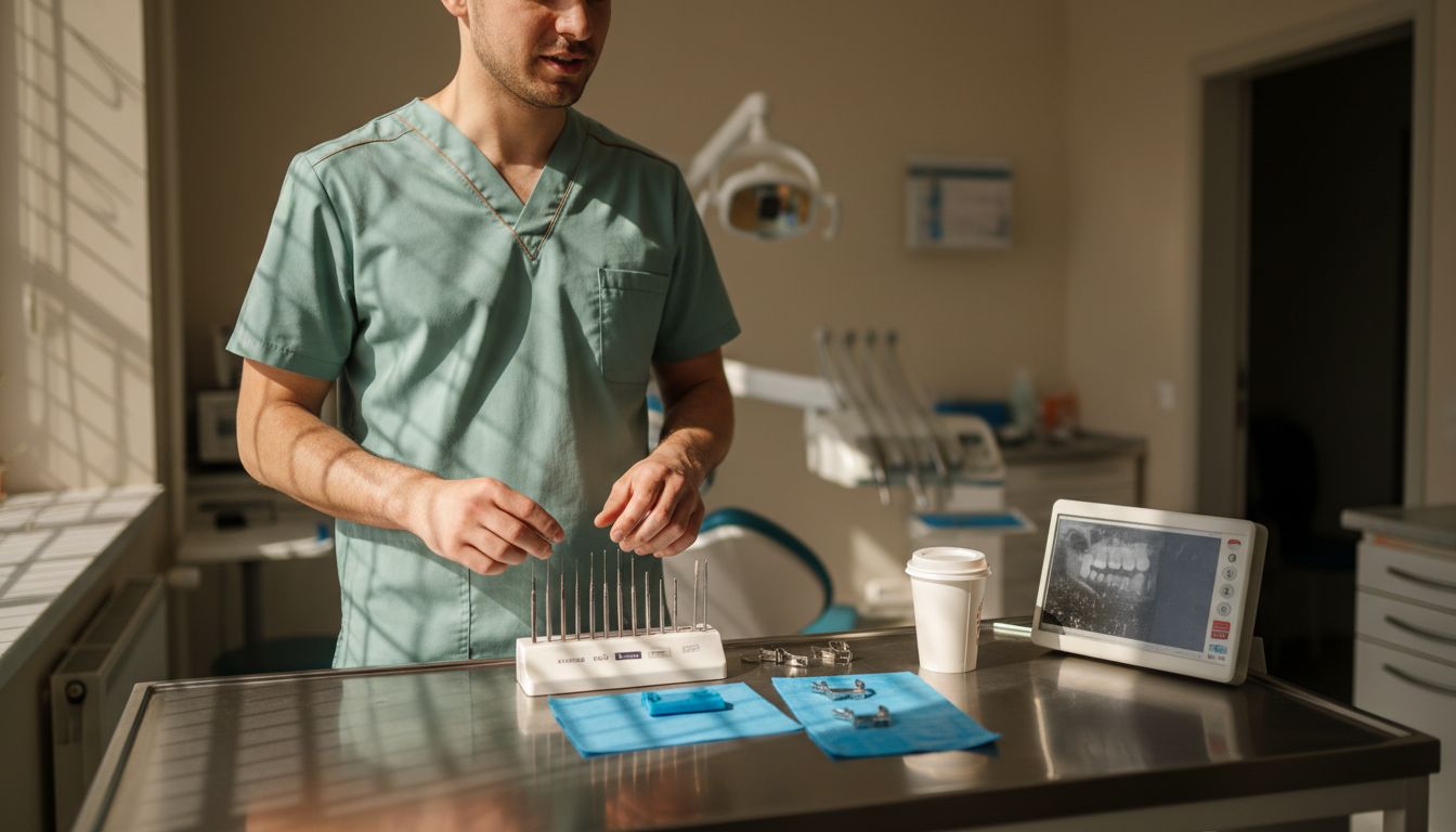 Dental assistant preparing root canal tools