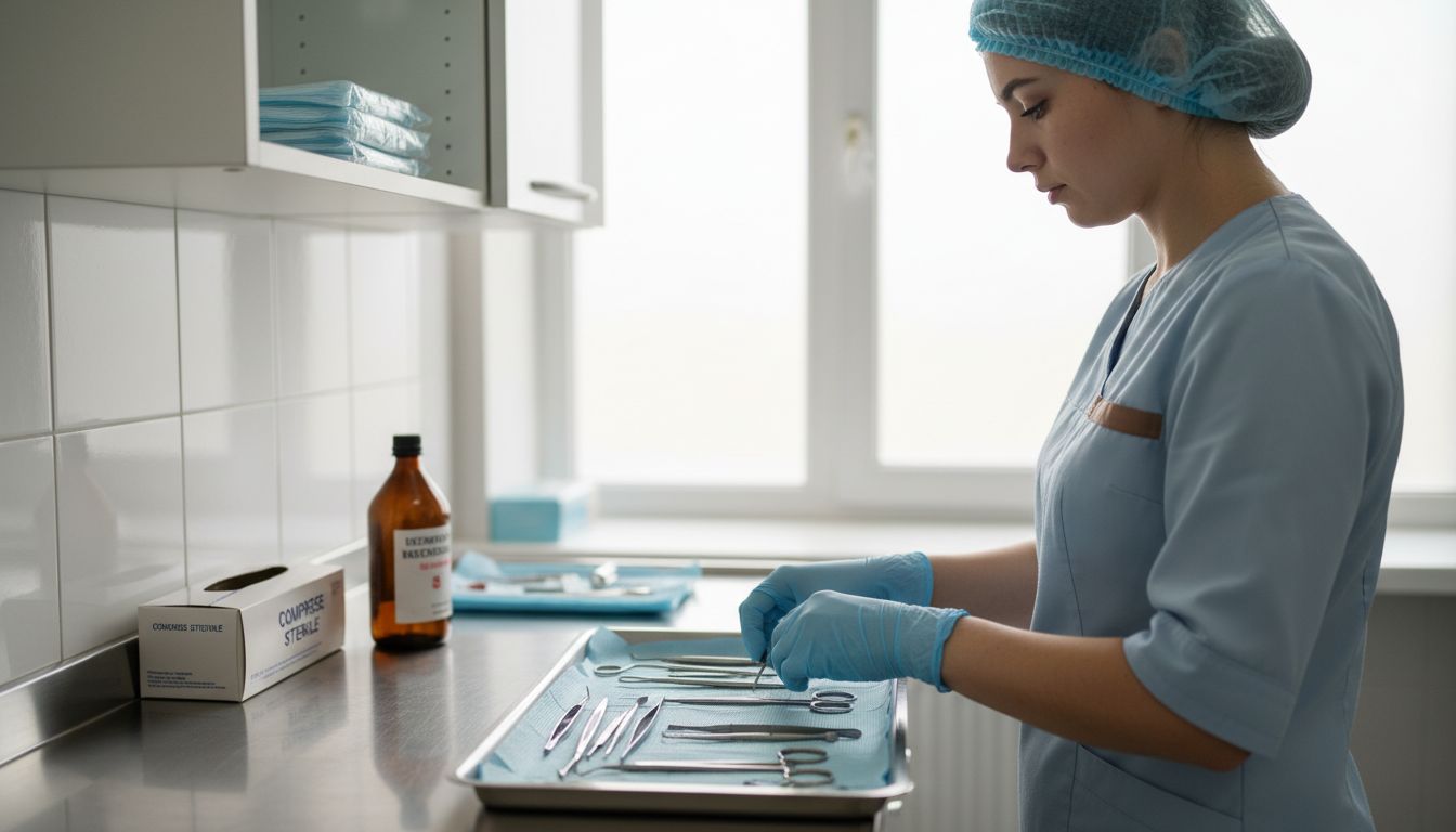 Asistenta pregătește masa de instrumente pentru intervenția de implant dentar.