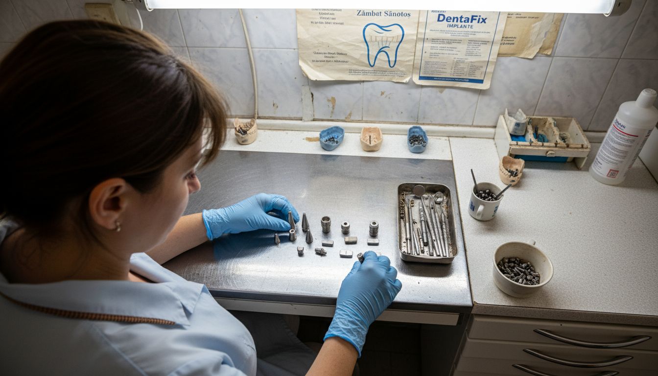 Tehnicianul pregătește și organizează diferitele tipuri de implanturi dentare.