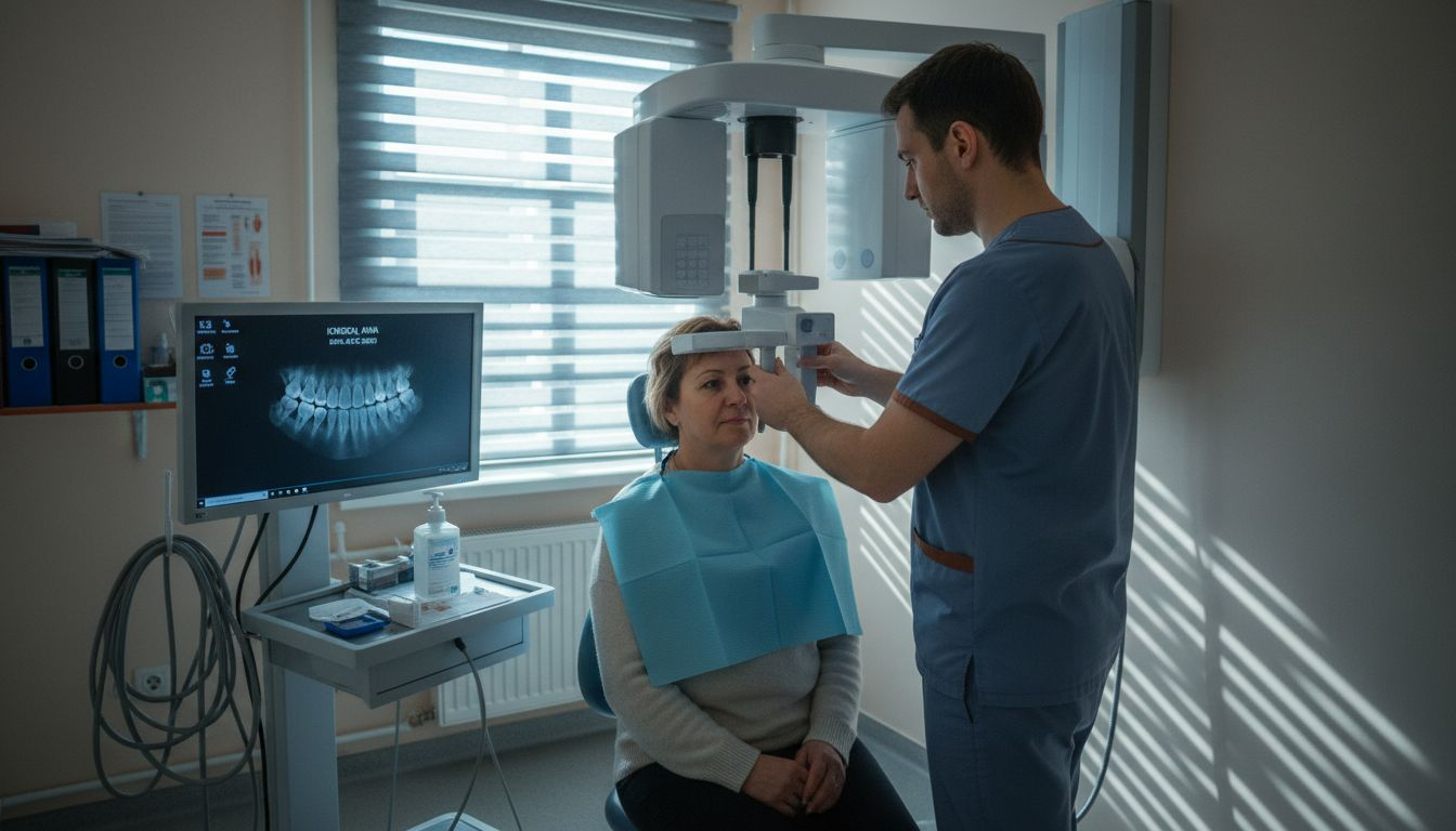 Tehnicianul pregătește aparatul pentru radiografia dentară a pacientului.