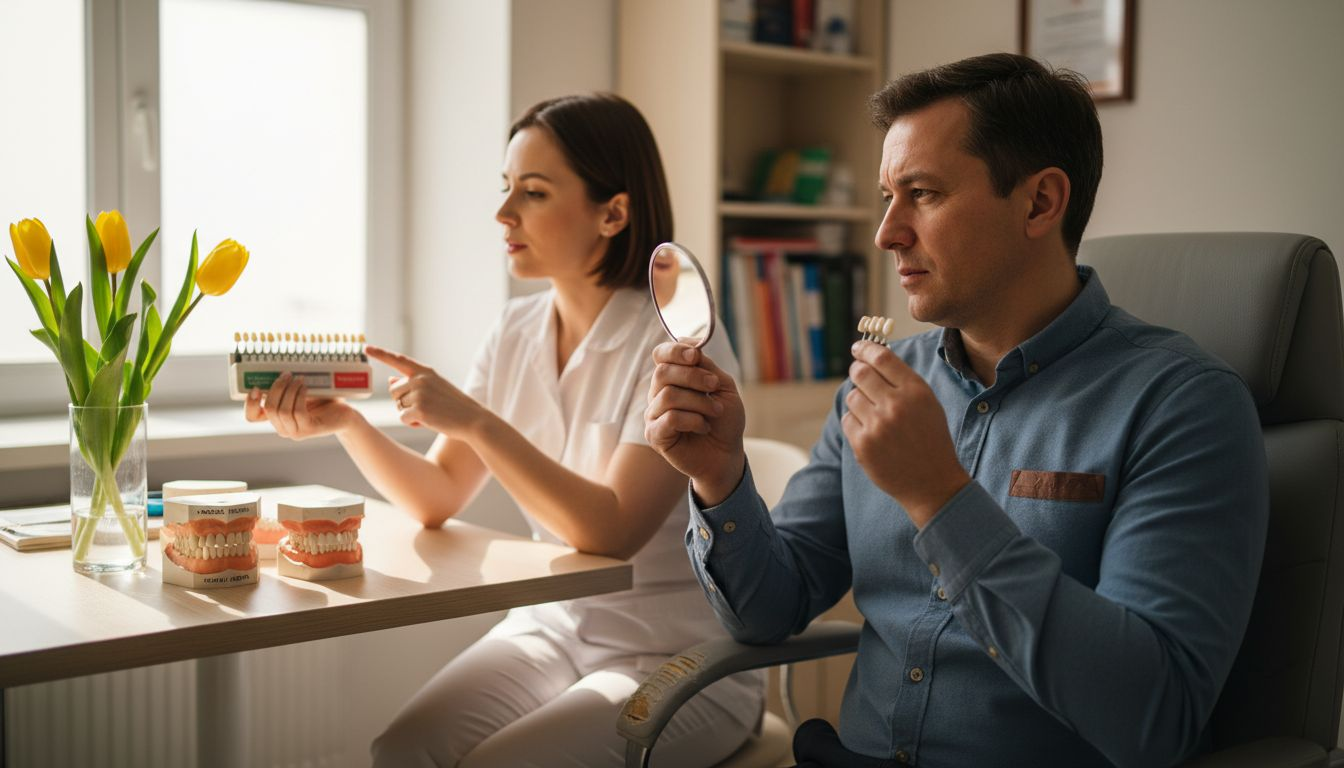 Pacient la stomatolog care analizează nuanțele fațetelor dentare împreună cu medicul, pentru a alege varianta potrivită.