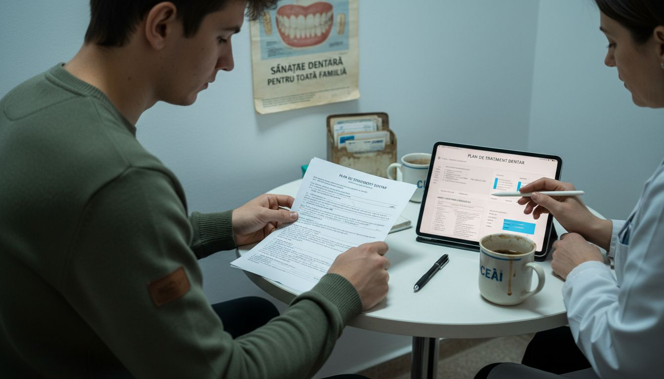 Pacientul discută împreună cu medicul opțiunile pentru planul de tratament cu implant dentar.
