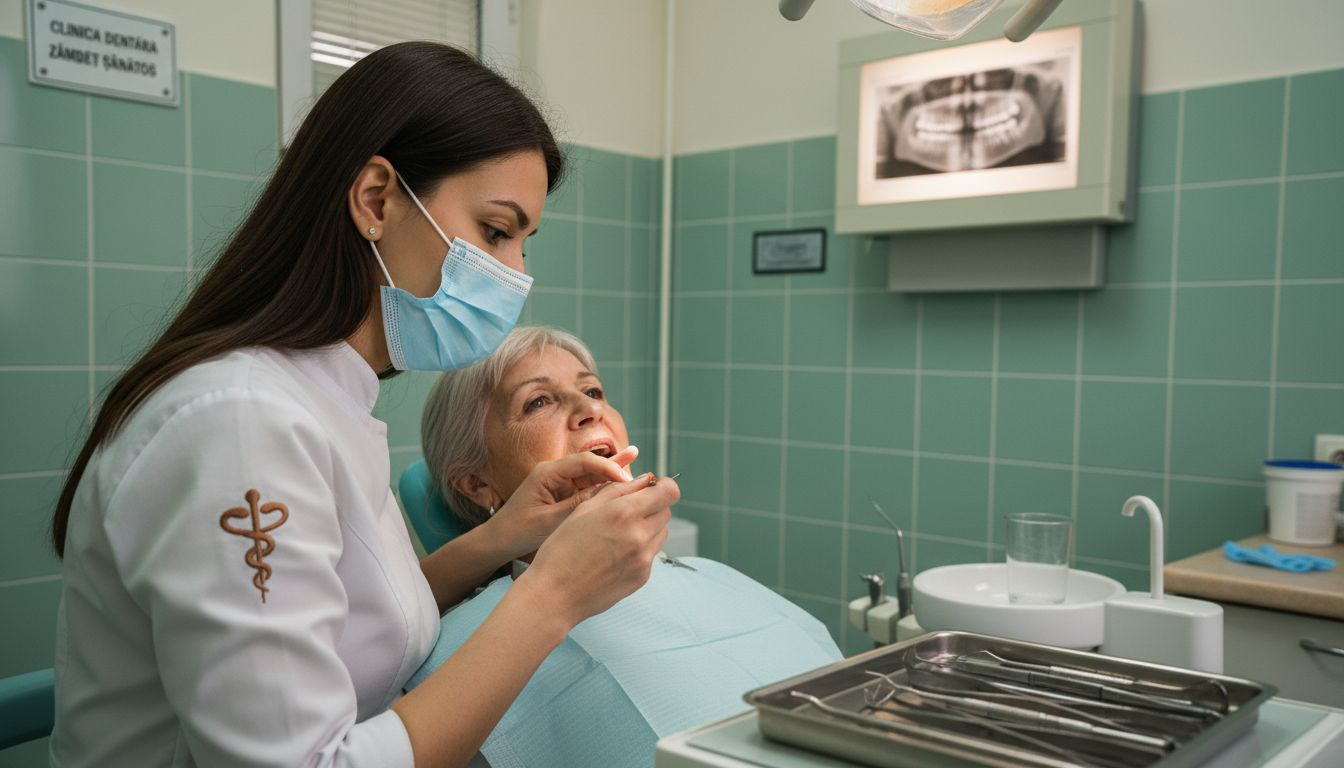 Medicul stomatolog examinează atent cavitatea orală a pacientului în cabinet.