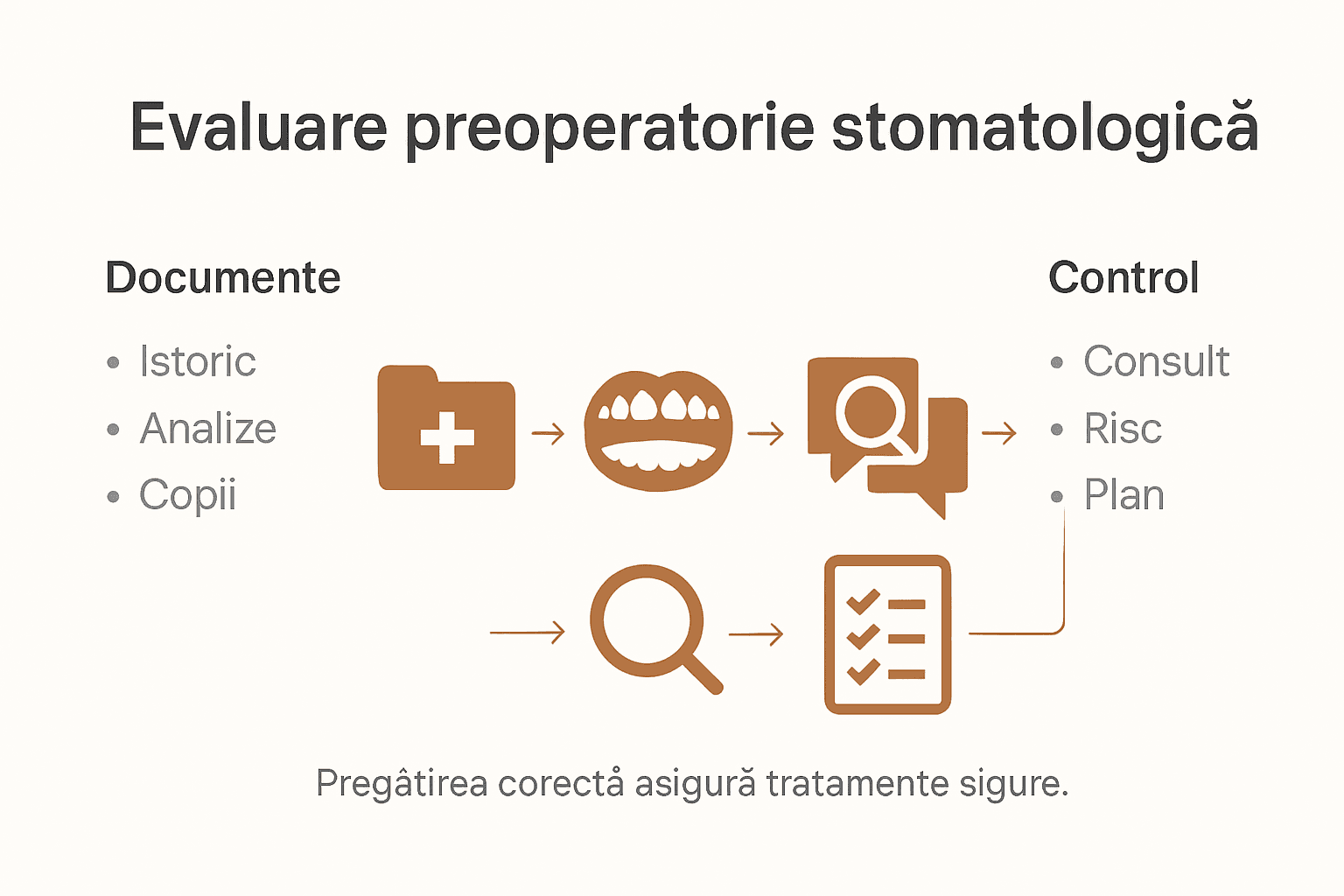 Infografic: etapele esențiale ale evaluării stomatologice înainte de intervenția chirurgicală