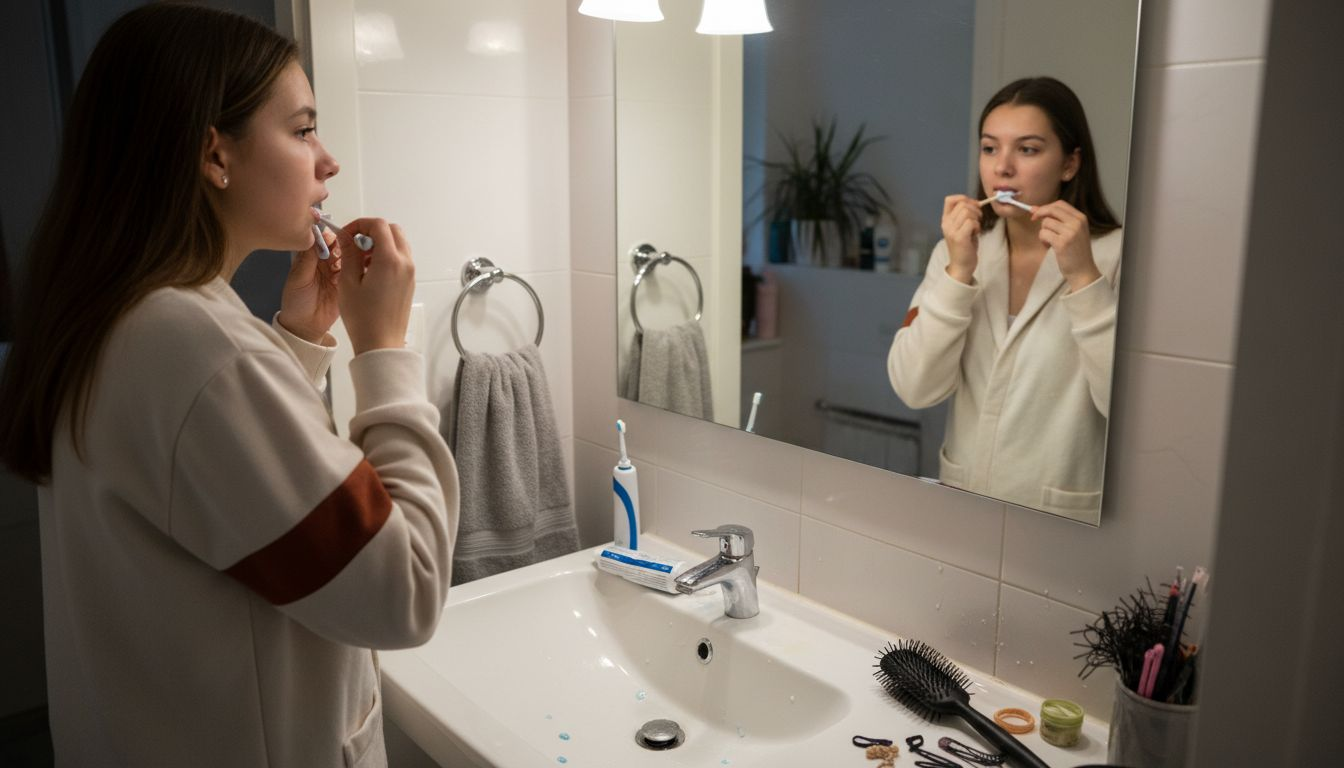 Moment de familie: mama îi arată fiicei cum să-și spele corect dinții