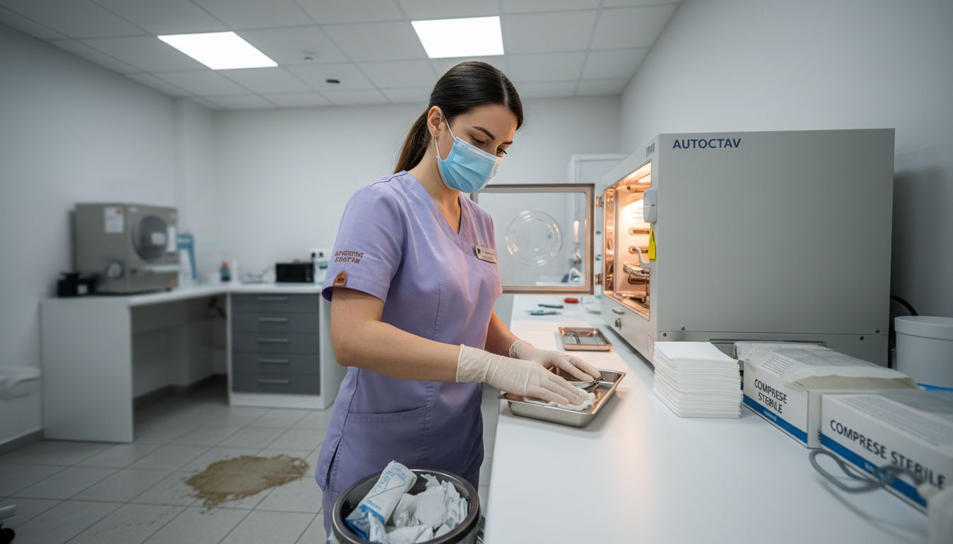 Asistenta stomatologică igienizează instrumentele folosite pentru pregătirea intervențiilor chirurgicale.