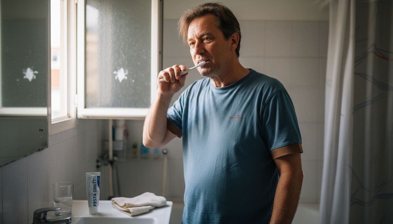 Un bărbat își periază dinții cu grijă după ce a făcut un implant dentar.