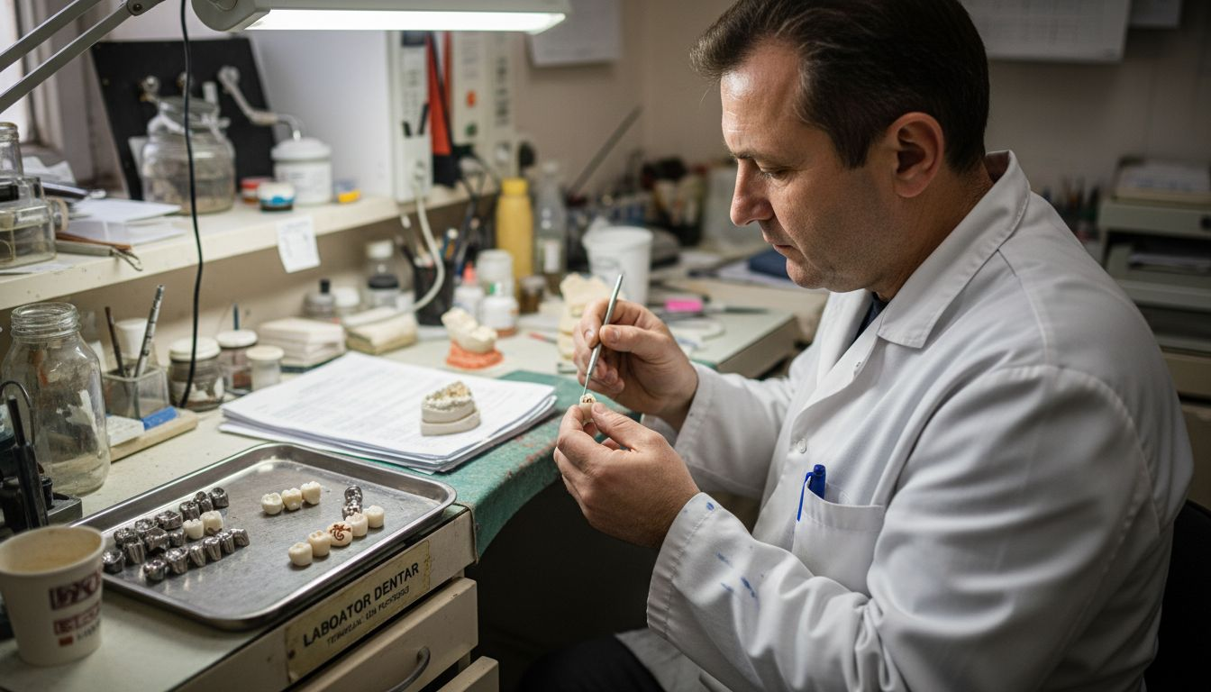 Tehnicianul dentar pregătește și modelează diferite tipuri de coroane dentare, acordând atenție fiecărui detaliu pentru a asigura o potrivire perfectă și un aspect natural.