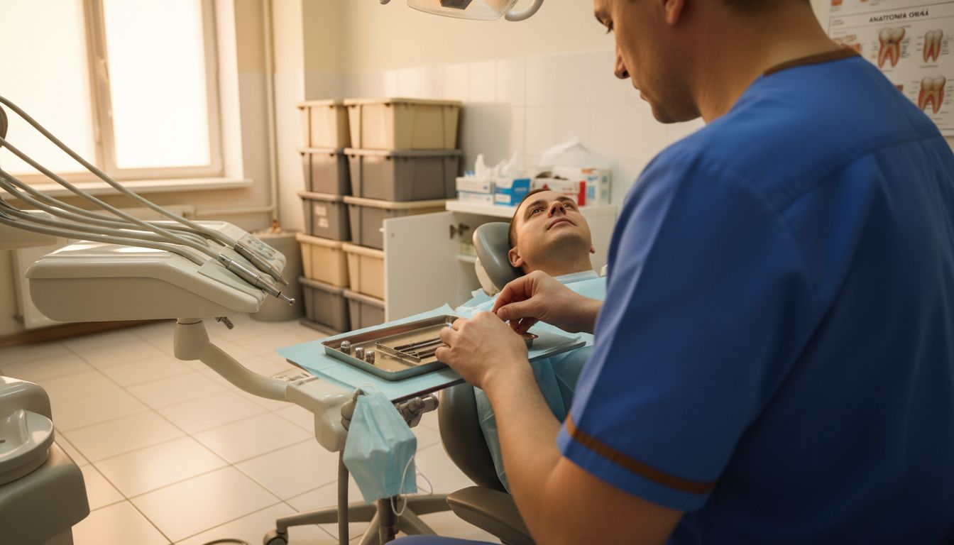 Asistenta stomatologică se pregătește pentru realizarea unei proceduri estetice.