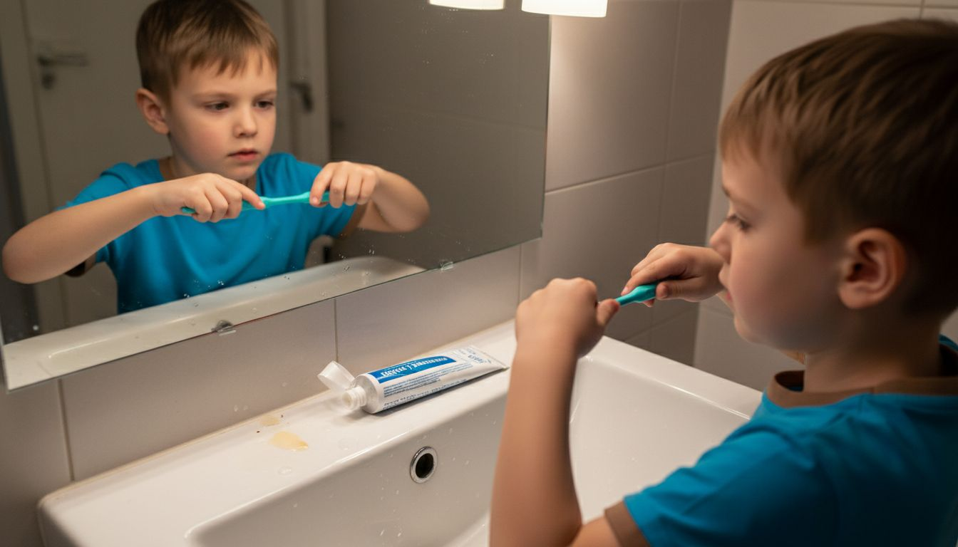 Băiatul își spală dinții corect, folosind tehnica potrivită de periaj.