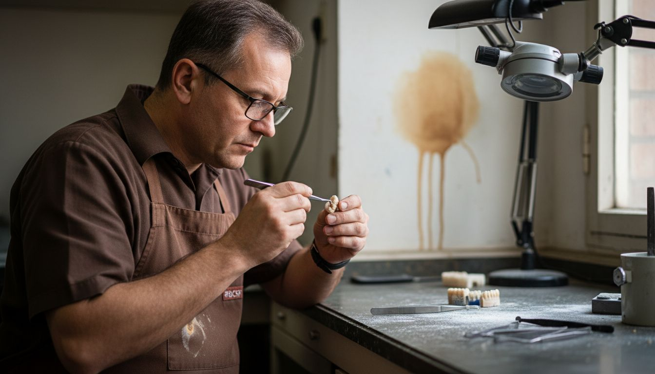 Tehnicianul dentar lucrează la bancul de lucru, având o proteză în față.