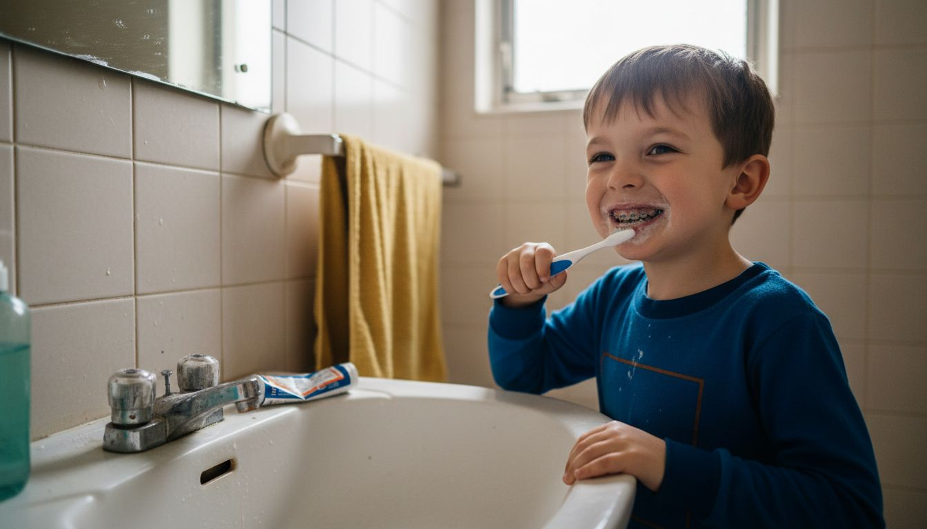 Un copil care zâmbește larg, purtând aparat dentar