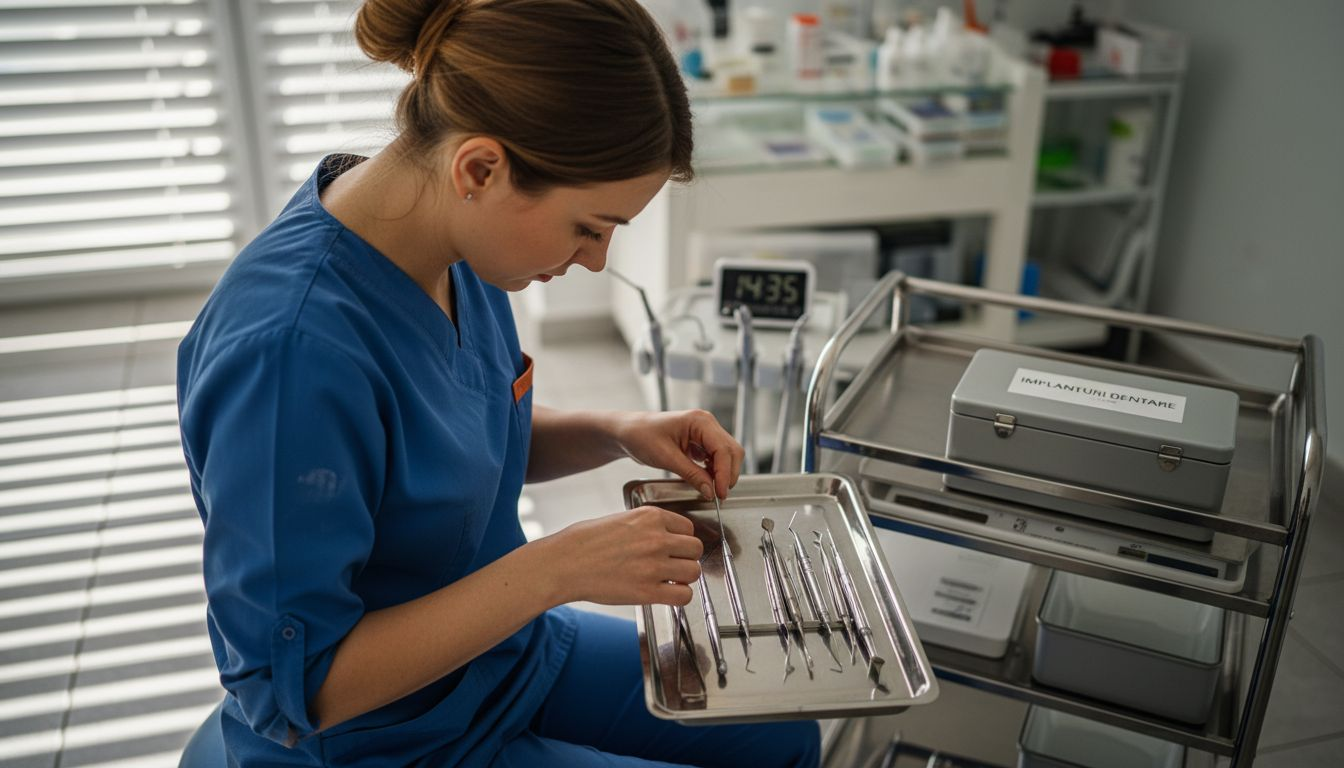 Medic specialist în implantologie pregătește instrumentarul stomatologic pentru intervenție.