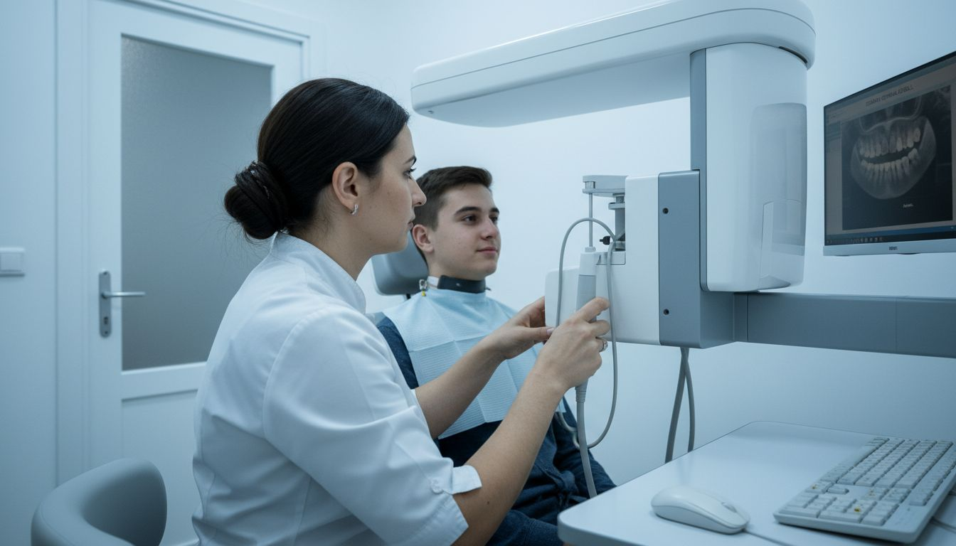 Medic radiolog care utilizează tehnologie digitală de ultimă generație pentru scanarea dinților