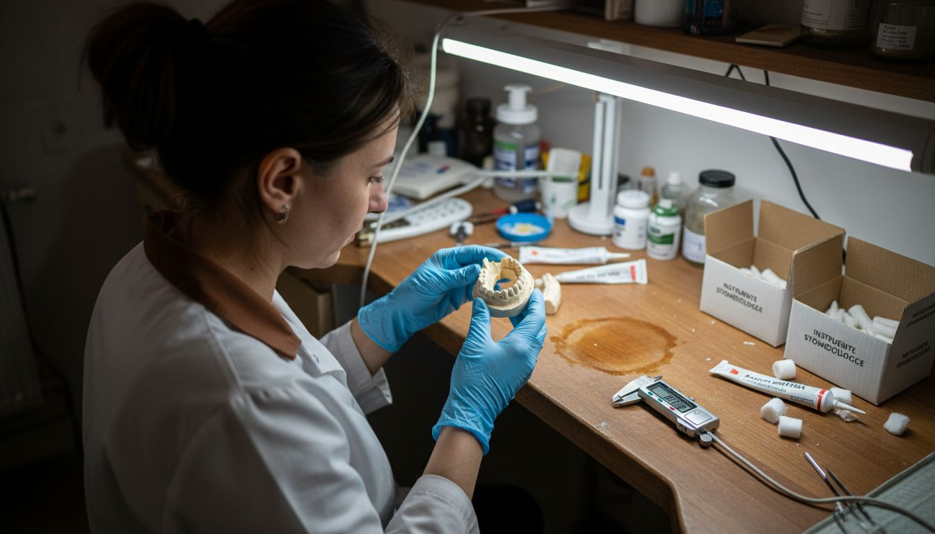 Tehnician dentar care verifică cu atenție o obturație din rășină