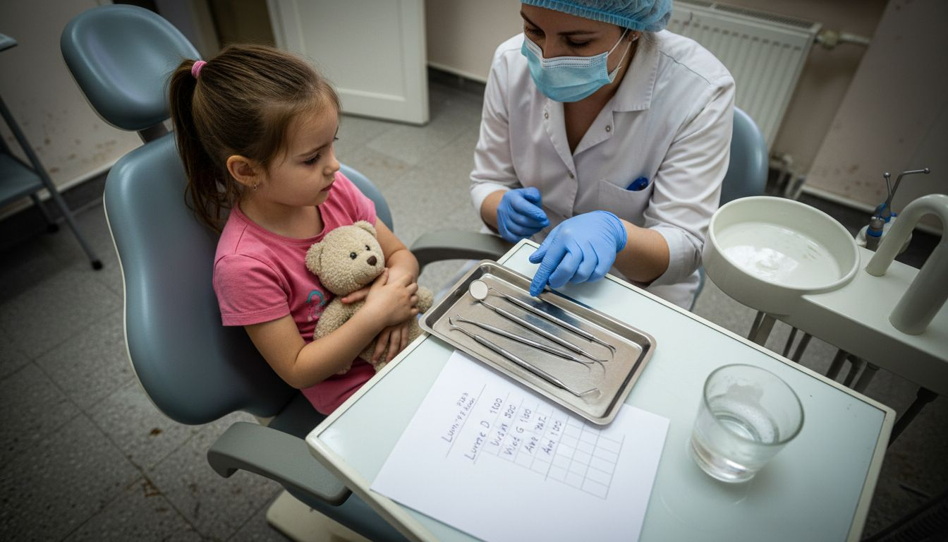 O fetiță la un control stomatologic pediatric, alături de medicul dentist.