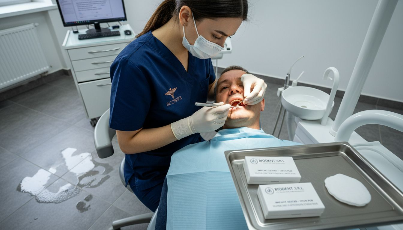 Momentul montării unui implant dentar, surprins în detaliu în cabinetul stomatologic.