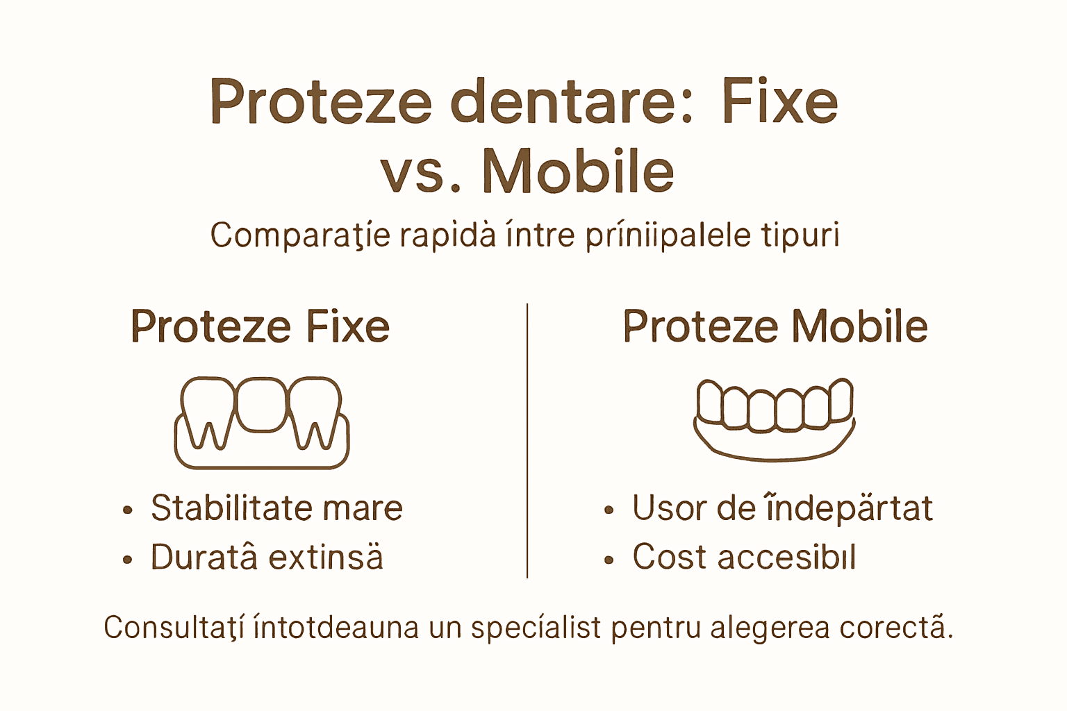 Infografic: principalele diferențe între protezele dentare fixe și cele mobile