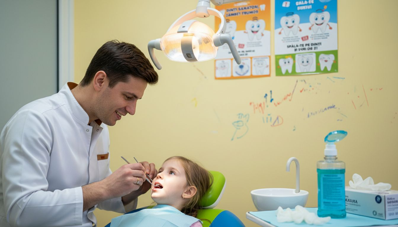 Medicul dentist verifică dacă cel mic are carii.