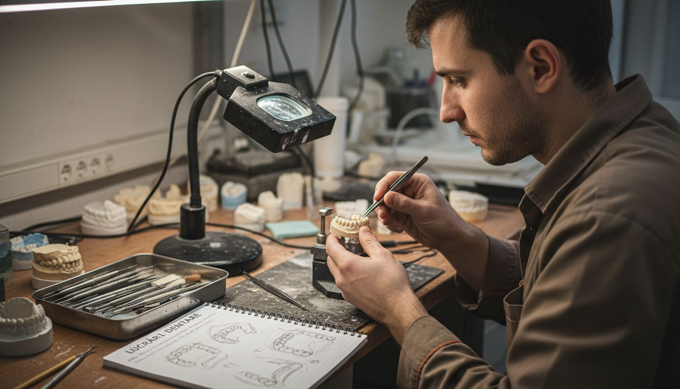 Tehnicianul dentar montează o coroană pe un model de dinte, asigurându-se că se potrivește perfect.