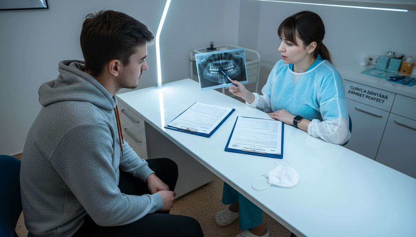 Pacientul poartă o discuție cu medicul stomatolog în timpul consultației.