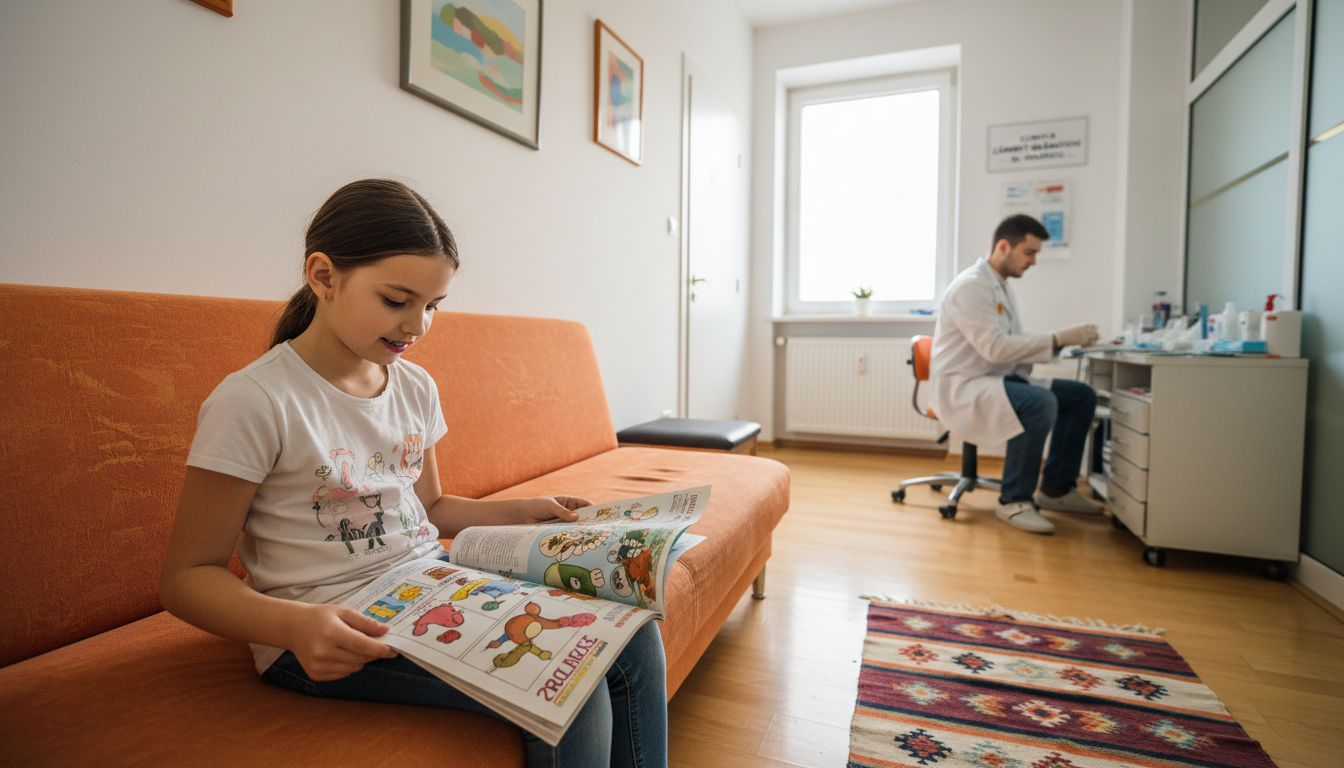 O fetiță cu aparat dentar stă pe unul dintre scaunele din sala de așteptare.