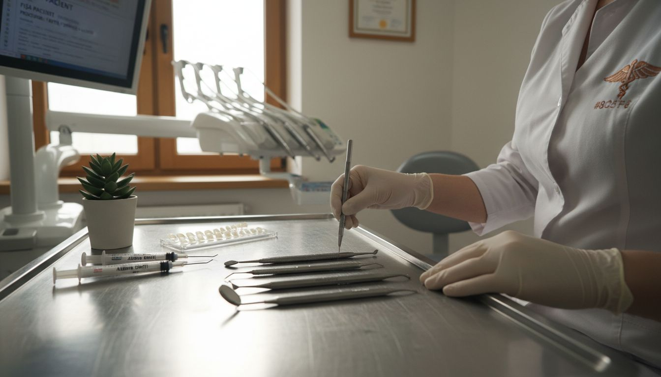 Instrumentele stomatologice sunt pregătite cu grijă pentru procedura estetică.