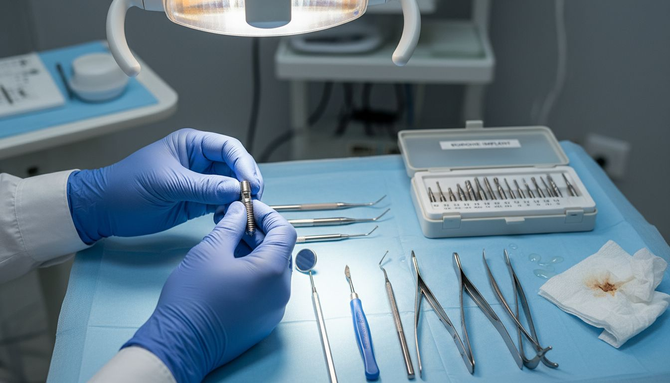 Pe masa de lucru sunt pregătite toate materialele necesare pentru implantul dentar.