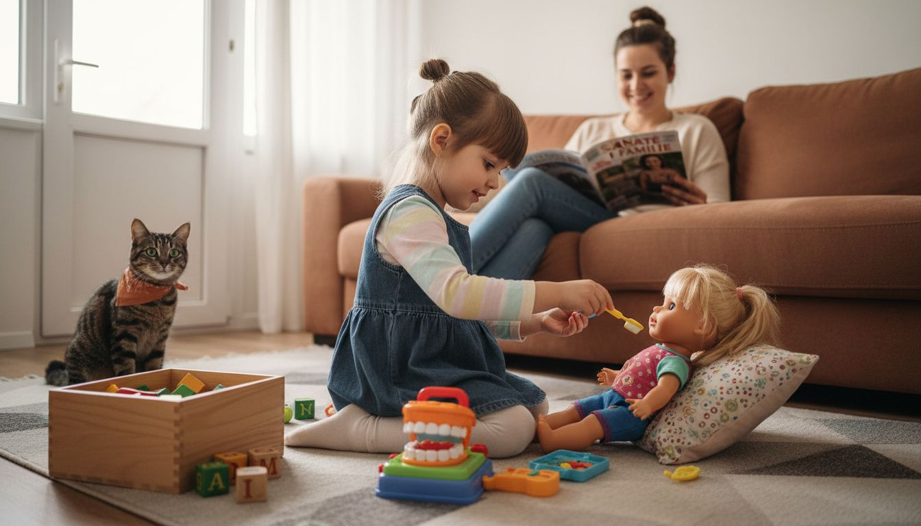 O fetiță care se joacă de-a dentistul acasă, examinând jucăriile sau membrii familiei ca și cum ar fi pacienți.